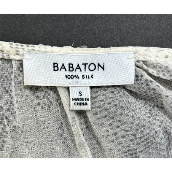 Aritzia Babaton Gray & Cream 100% Silk Surplice Peplum Sheer Blouse Women Small - Picture 4 of 9